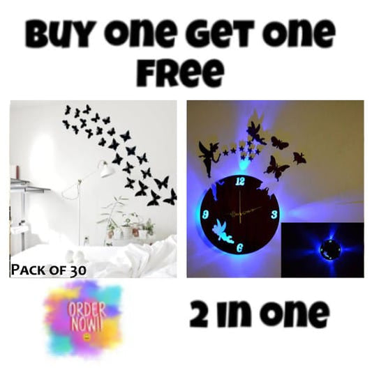 Buy One Get One Free 3d Wall Clock With Light And Pack Of 30 Butterfly