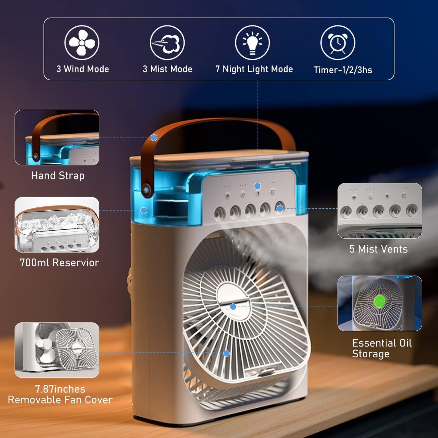 Portable Air Conditioner Freezing Fan,Large Size Usb Electric Fan With Led Night Light, Fine Mist Water, And Humidifier Function | Led Night Light Water Mist (random Color)