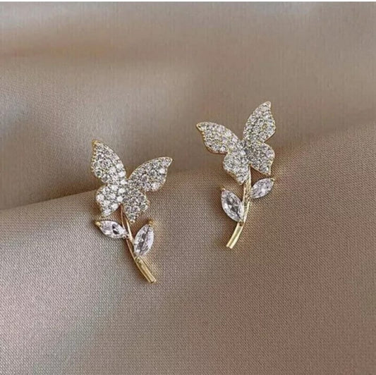 Golden Butterfly Flower Style Zircon Studs