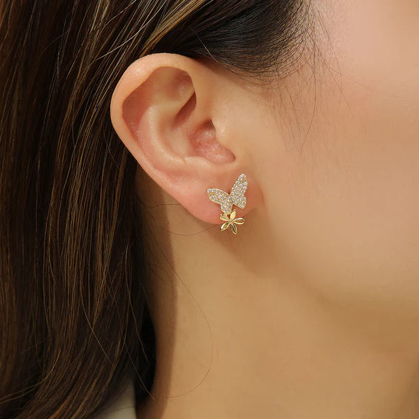 Golden Butterfly Flower Style Zircon Studs