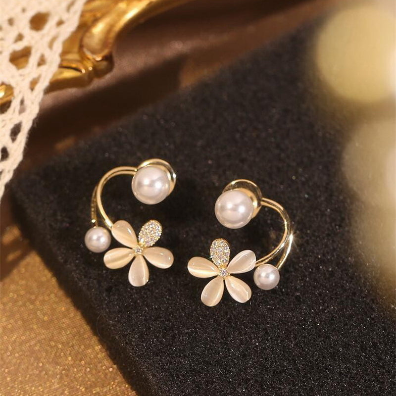 Korean Zircon Flower Pearl Front Back Earrings For Girls