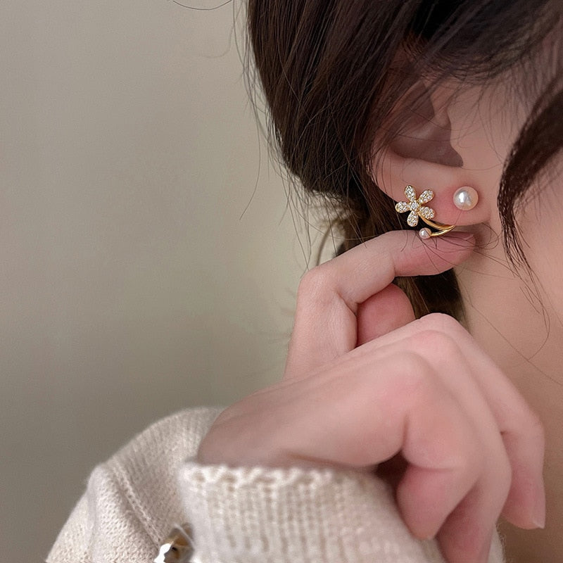 Korean Zircon Flower Pearl Front Back Earrings For Girls