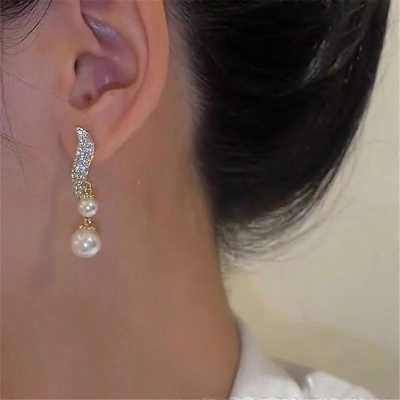 S Shape Crystal Leaf Drop Elegant Pearl Zircon Korean Earing