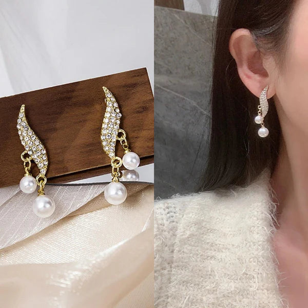 S Shape Crystal Leaf Drop Elegant Pearl Zircon Korean Earing