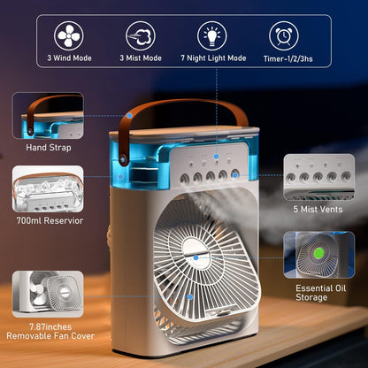 Portable Air Conditioner Freezing Fan,Large Size Usb Electric Fan With Led Night Light, Fine Mist Water, And Humidifier Function | Led Night Light Water Mist (random Color)