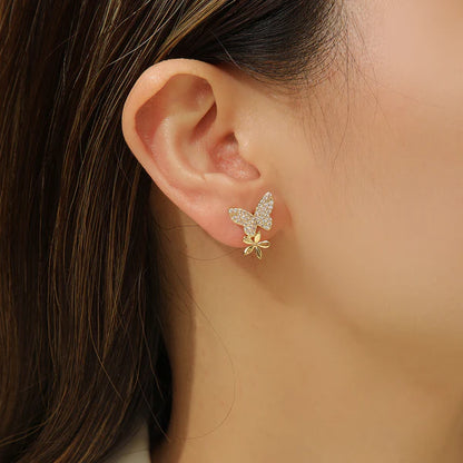 Golden Butterfly Flower Style Zircon Studs