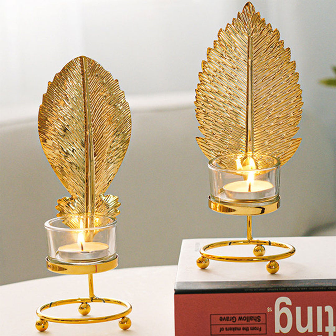 Metal Candlestick Holder Gold Leaves Dining Table Candle Stand Aroma Ornament