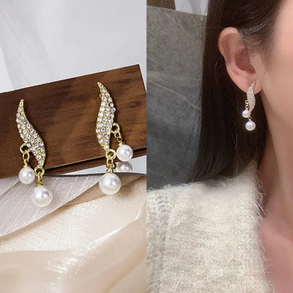 S Shape Crystal Leaf Drop Elegant Pearl Zircon Korean Earing